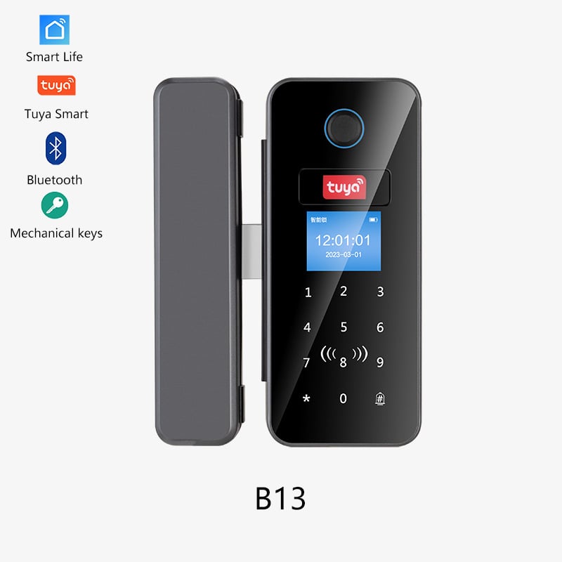 Bluetooth brava za staklena vrata s otiskom prsta, model B13, 64 pohranjenih otisaka, >200000 otključavanja, skeniranje <1 s, radna temperatura -30–60°C