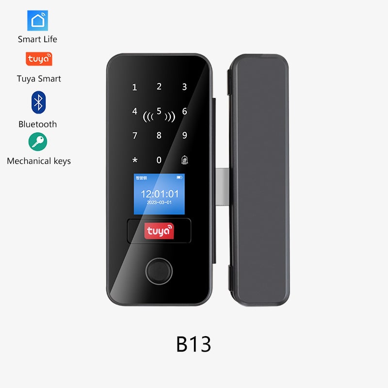 Bluetooth brava za staklena vrata s otiskom prsta, model B13, 64 pohranjenih otisaka, >200000 otključavanja, skeniranje <1 s, radna temperatura -30–60°C