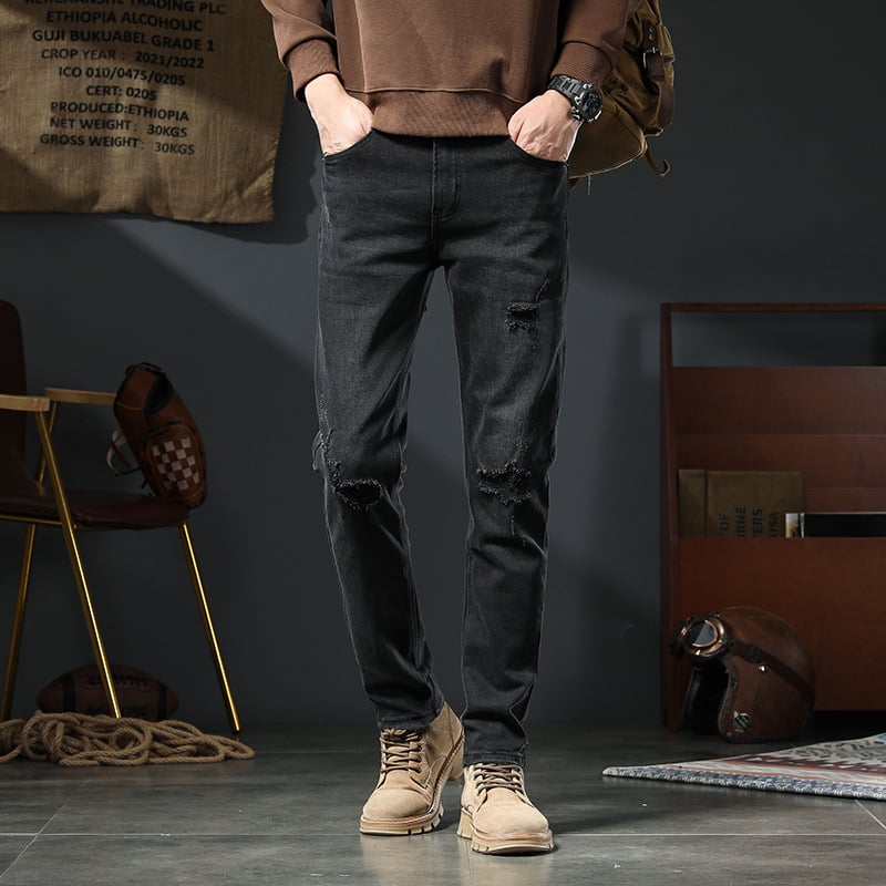 Traperice: Slim-fit denim s poderanim detaljima i stone-washom, pamuk, srednja struka, zatvarač, crno-siva