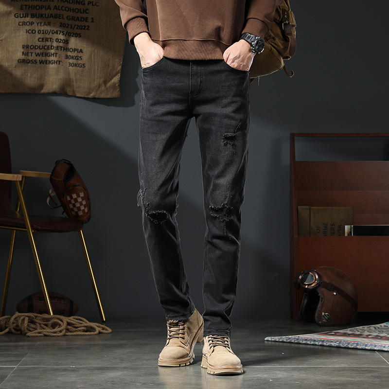 Traperice: Slim-fit denim s poderanim detaljima i stone-washom, pamuk, srednja struka, zatvarač, crno-siva
