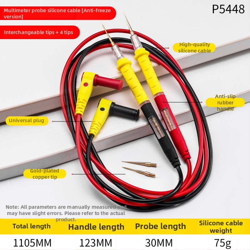 Multimeter testovacie vedenie – Značka Zheng tietou; Model: Multimeter test leads; Materiál: silikón + pozlátená meď; Účel: testovacia linka; Pôvod: Čína