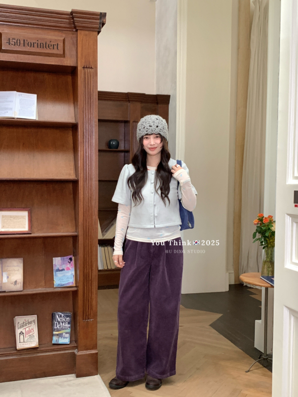 Corduroy casual hlače širokih nogavica, visoki struk, dugačke, minimalistički stil, za žene