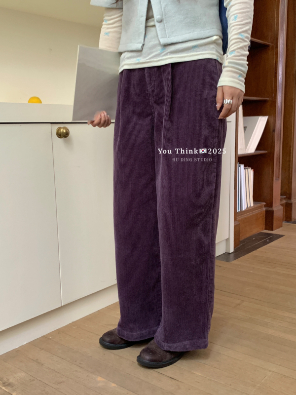 Corduroy casual hlače širokih nogavica, visoki struk, dugačke, minimalistički stil, za žene