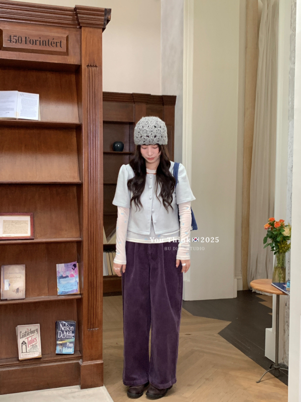 Corduroy casual hlače širokih nogavica, visoki struk, dugačke, minimalistički stil, za žene