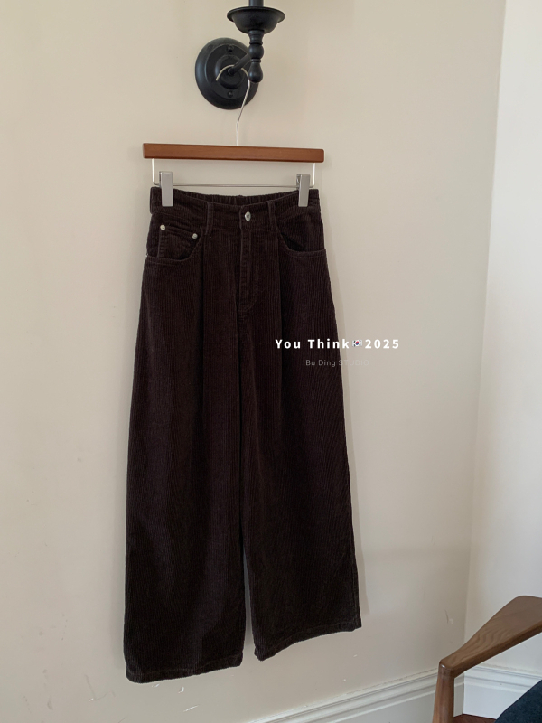 Corduroy casual hlače širokih nogavica, visoki struk, dugačke, minimalistički stil, za žene