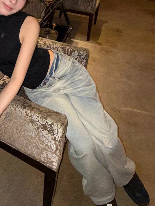 Traperice sa svijetlo ispranim gradientom, široke nogavice, niski struk, pamuk 50-70%, ljeto 2025, japansko-korejski casual stil