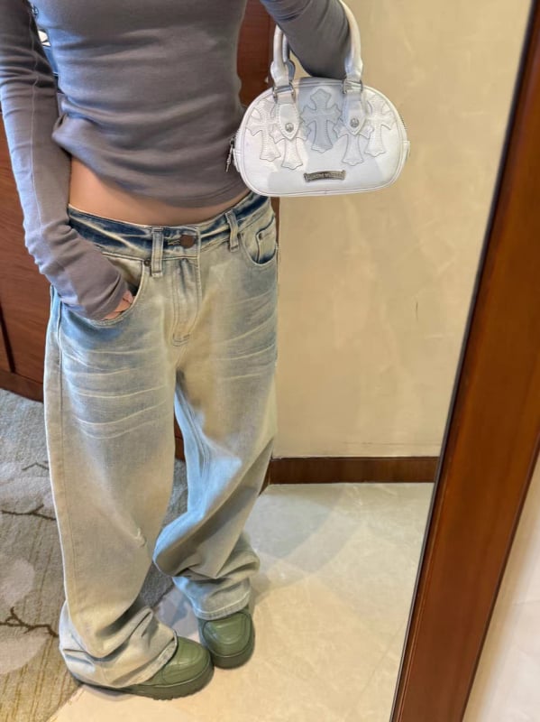 Traperice sa svijetlo ispranim gradientom, široke nogavice, niski struk, pamuk 50-70%, ljeto 2025, japansko-korejski casual stil