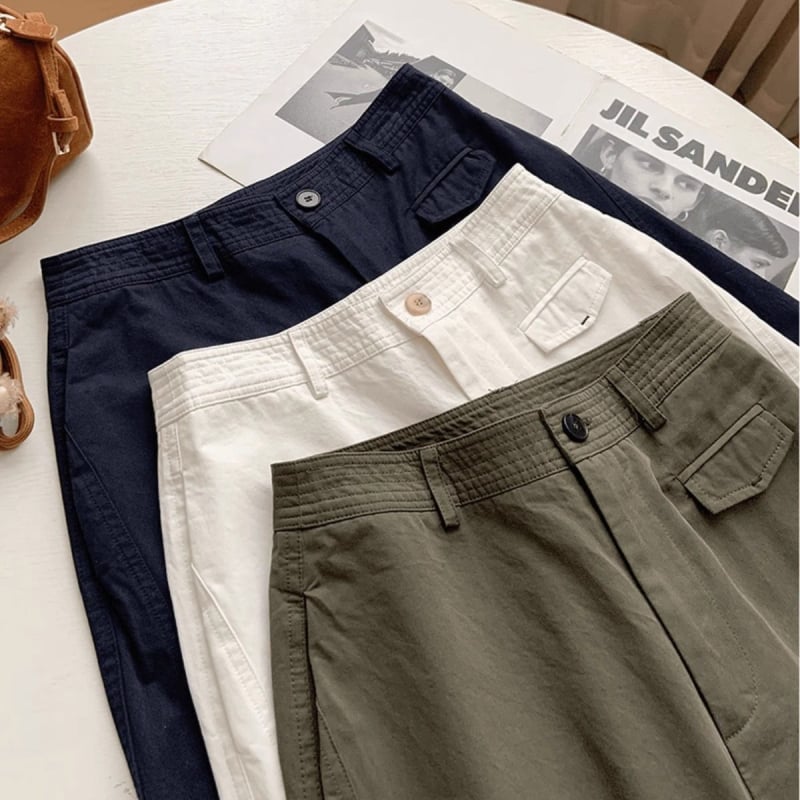 Ženske hlače casual stil s dekonstruiranom linijom i detaljima kolaža, visoki struk, straight kroj, pamuk-poliester tkanina, mikroelastičnost, proljeće 2025