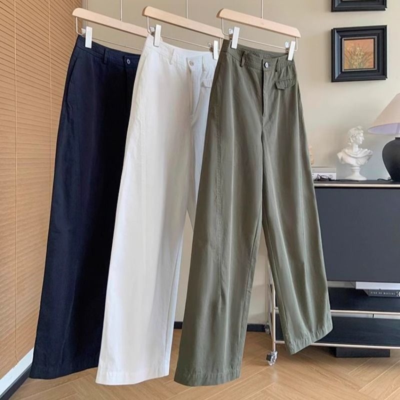 Ženske hlače casual stil s dekonstruiranom linijom i detaljima kolaža, visoki struk, straight kroj, pamuk-poliester tkanina, mikroelastičnost, proljeće 2025