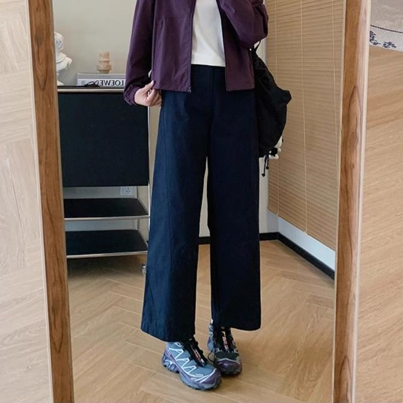 Ženske hlače casual stil s dekonstruiranom linijom i detaljima kolaža, visoki struk, straight kroj, pamuk-poliester tkanina, mikroelastičnost, proljeće 2025