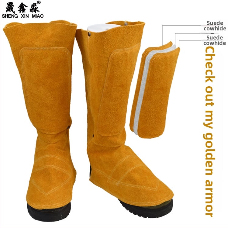 Προστατευτικό πόδι και κνήμης για συγκόλληση - ανθεκτικό στη φθορά, θερμομονωτικό, πυρίμαχο, προστασία από σπινθήρες, διπλό δέρμα αγελάδας, μοντέλο JH-01, για ηλεκτροσυγκόλληση και μεταλλουργία