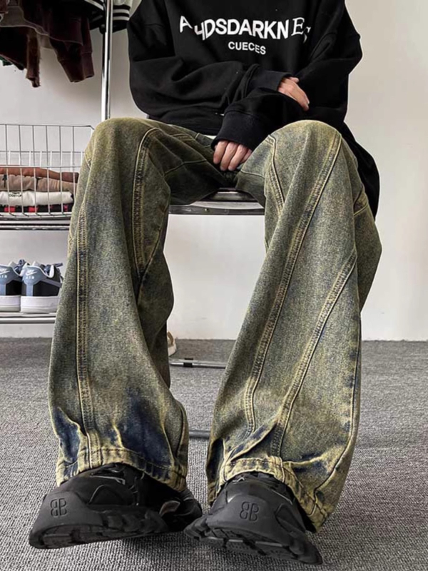 Muške traperice s ravnim krojem, srednji pojas, pranje vodom, pet džepova, pamuk denim