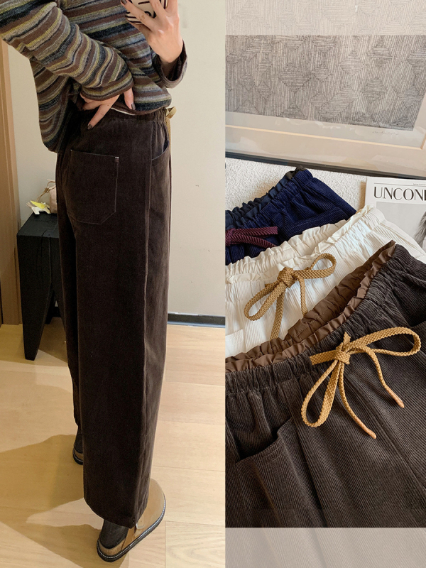 Corduroy hlače s floralnim patchom, visokim strukom, širokim krojem i dijagonalnim džepovima, blago zakrivljen kroj, 9/10 duljine za jesen - G102229