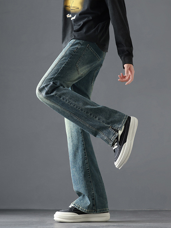 Muške bootcut traperice, blago proširene, srednji pojas, zip zatvarač, pamuk, pranje, jesen 2025
