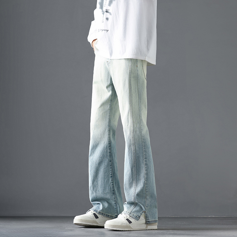 Muške bootcut traperice, blago proširene, srednji pojas, zip zatvarač, pamuk, pranje, jesen 2025