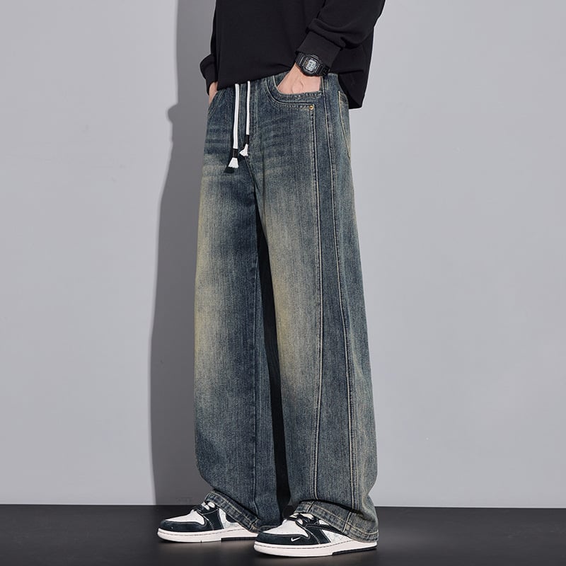 Muške traperice ravnog kroja, vintage stil, pamuk denim s blagom elastanošću, srednji struk, zip zatvaranje, jesen 2025