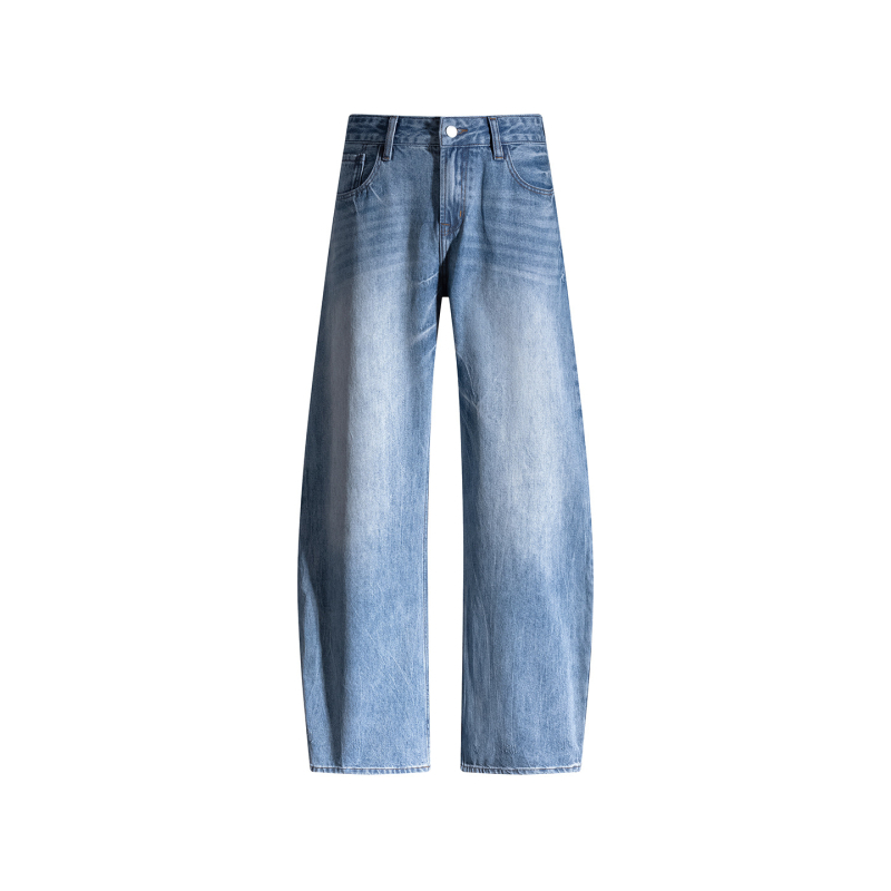 Traperice s krojem skimitar, široke nogavice, niski struk, izprani denim, velur detalj, 70–80% pamuka