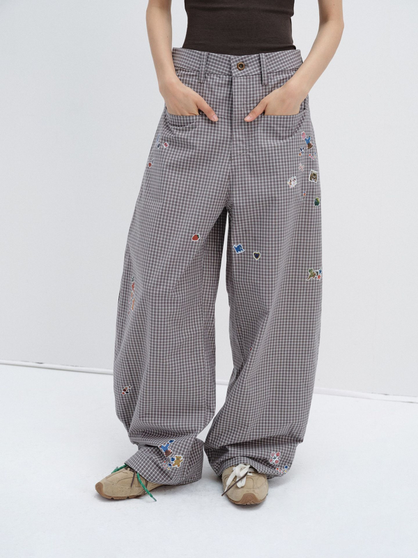 Casual hlače od pamuk-mešavine s kariranim printom, širokog kroja, srednja talija, street-hipster stil