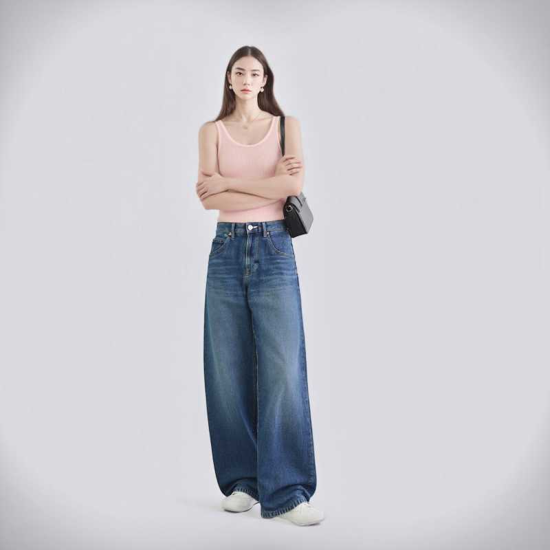 URAZ Ženske traperice u stilu scimitar, slobodan kroj, široke nogavice, denim, jesen 2025, model 479000