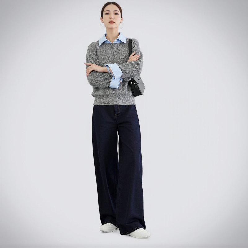 URAZ Ženske traperice u stilu scimitar, slobodan kroj, široke nogavice, denim, jesen 2025, model 479000