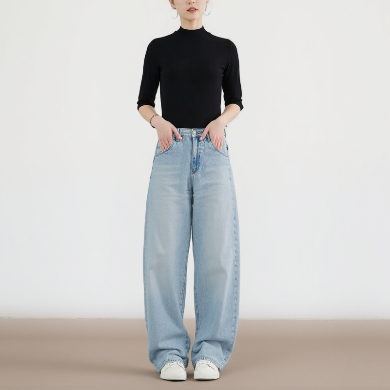 URAZ Ženske traperice u stilu scimitar, slobodan kroj, široke nogavice, denim, jesen 2025, model 479000