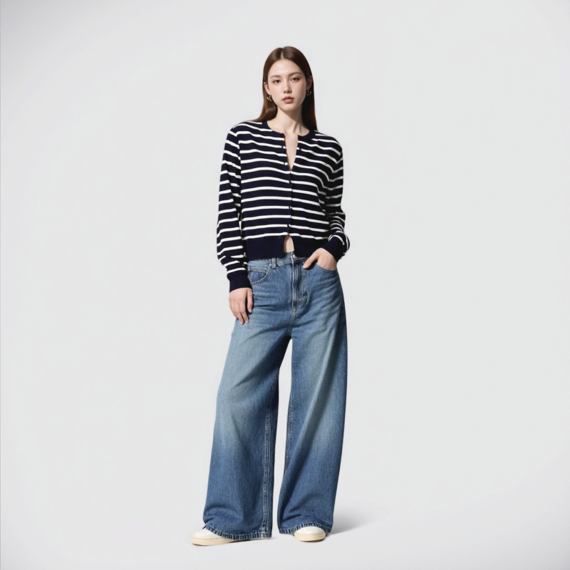URAZ Ženske traperice u stilu scimitar, slobodan kroj, široke nogavice, denim, jesen 2025, model 479000
