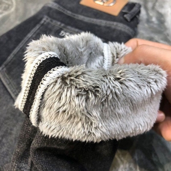 Zimske muške traperice s flisom, pamuk denim, srednji pojas, uski kroj, zip zatvarač