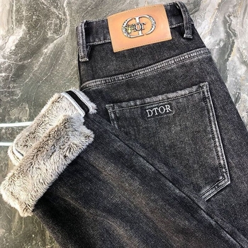 Zimske muške traperice s flisom, pamuk denim, srednji pojas, uski kroj, zip zatvarač