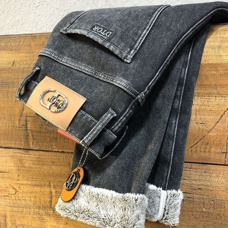 Zimske muške traperice s flisom, pamuk denim, srednji pojas, uski kroj, zip zatvarač
