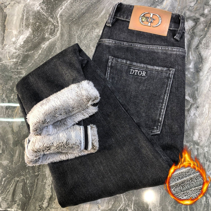 Zimske muške traperice s flisom, pamuk denim, srednji pojas, uski kroj, zip zatvarač