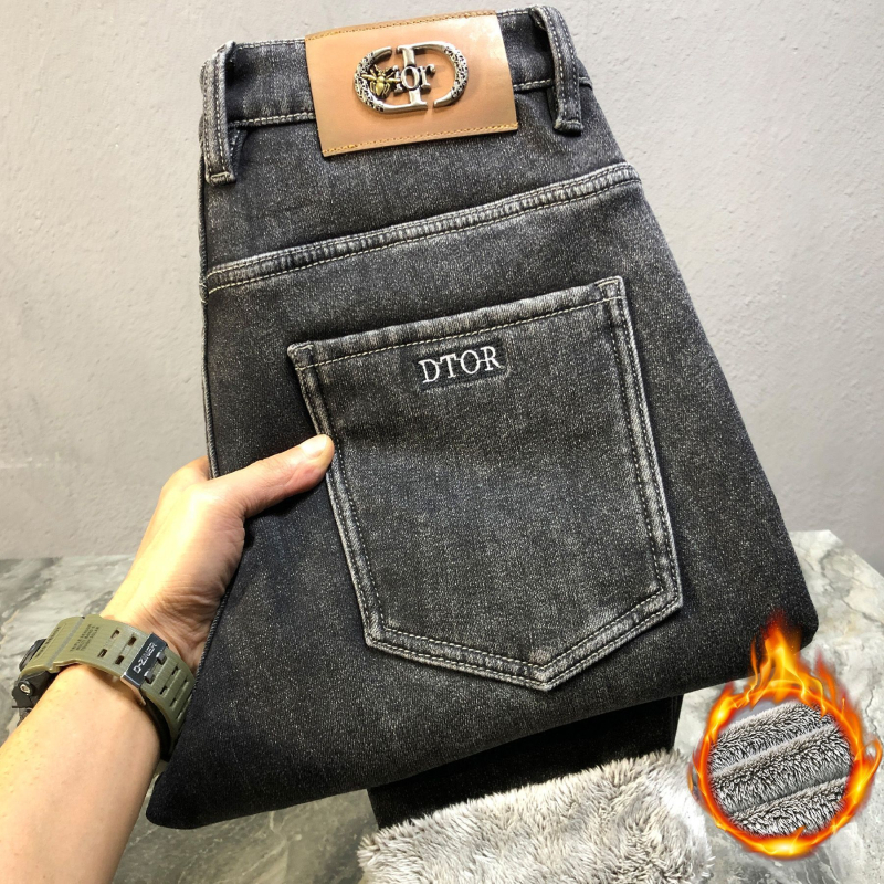 Zimske muške traperice s flisom, pamuk denim, srednji pojas, uski kroj, zip zatvarač