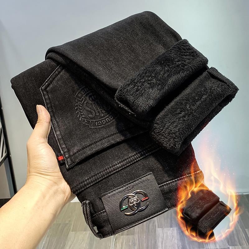 Zimske muške traperice s flisom, pamuk denim, srednji pojas, uski kroj, zip zatvarač