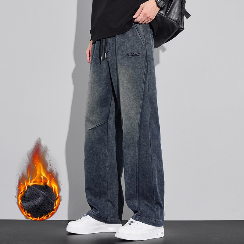 Farmernadrág - Vintage egyenes szabású (pamut stretch denim, mikro-elasticitás, fleece belső, középmagas derék, zsinórzár)