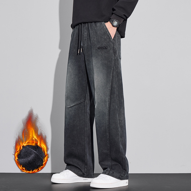 Farmernadrág - Vintage egyenes szabású (pamut stretch denim, mikro-elasticitás, fleece belső, középmagas derék, zsinórzár)