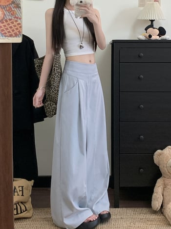 Γυναικείες παντελόνες σε κορεατικό στυλ με drapey φαρδιά γραμμή, υψηλή μέση, μακριές, ύφασμα σπαντέξ, λεπτομέρειες κολλάζ