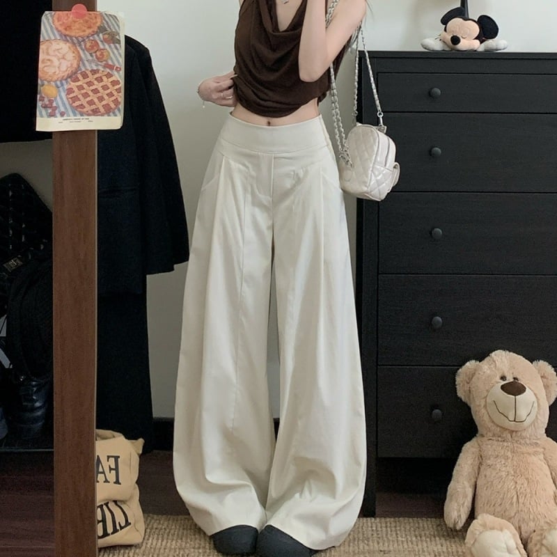 Γυναικείες παντελόνες σε κορεατικό στυλ με drapey φαρδιά γραμμή, υψηλή μέση, μακριές, ύφασμα σπαντέξ, λεπτομέρειες κολλάζ