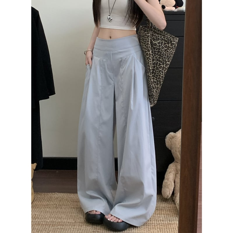 Γυναικείες παντελόνες σε κορεατικό στυλ με drapey φαρδιά γραμμή, υψηλή μέση, μακριές, ύφασμα σπαντέξ, λεπτομέρειες κολλάζ