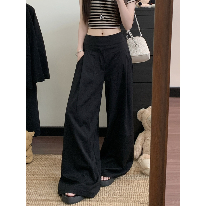 Γυναικείες παντελόνες σε κορεατικό στυλ με drapey φαρδιά γραμμή, υψηλή μέση, μακριές, ύφασμα σπαντέξ, λεπτομέρειες κολλάζ