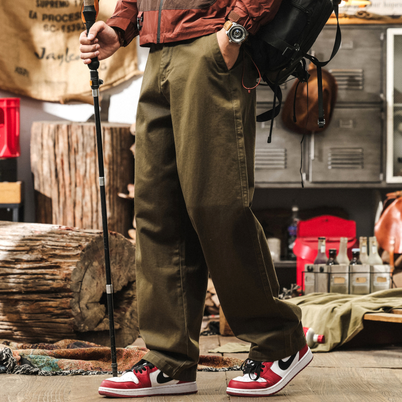 Be Brave Pantalone od pamuka u američkom vintage stilu vojno zelene boje za muškarce, ravni kroj, svakodnevno i radno