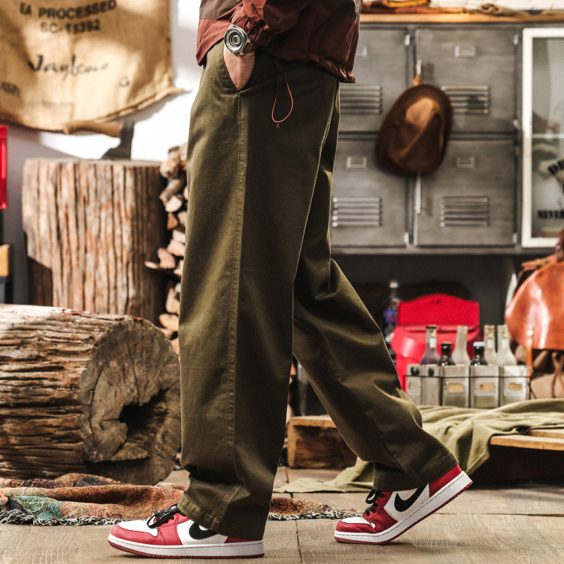 Be Brave Pantalone od pamuka u američkom vintage stilu vojno zelene boje za muškarce, ravni kroj, svakodnevno i radno