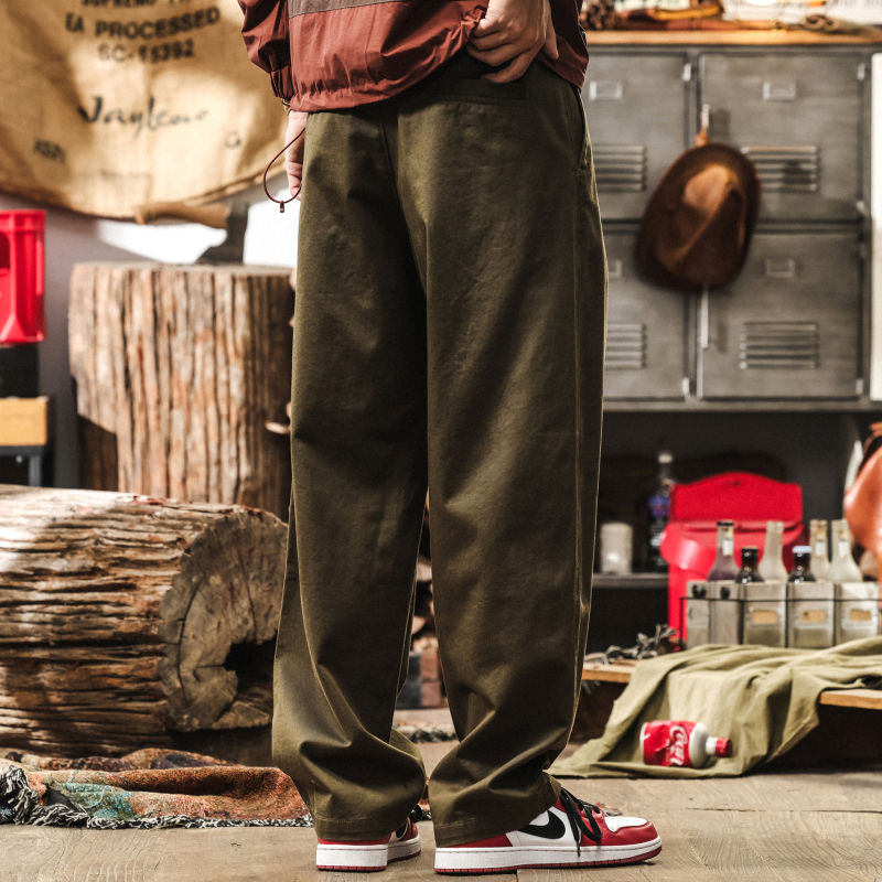 Be Brave Pantalone od pamuka u američkom vintage stilu vojno zelene boje za muškarce, ravni kroj, svakodnevno i radno
