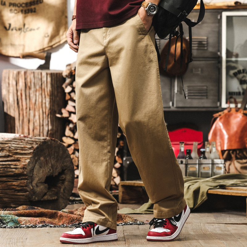 Be Brave Pantalone od pamuka u američkom vintage stilu vojno zelene boje za muškarce, ravni kroj, svakodnevno i radno