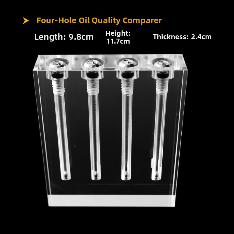 Autóolaj viszkozitás-ellenőrző és olajminőség-összehasonlító bemutató üvegállvány