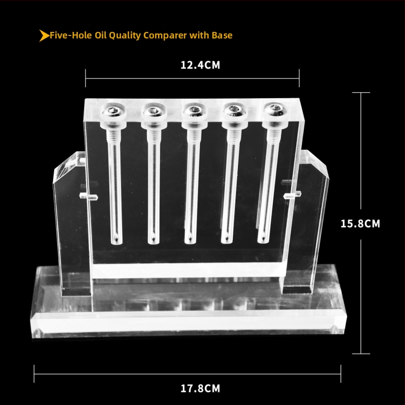 Autóolaj viszkozitás-ellenőrző és olajminőség-összehasonlító bemutató üvegállvány