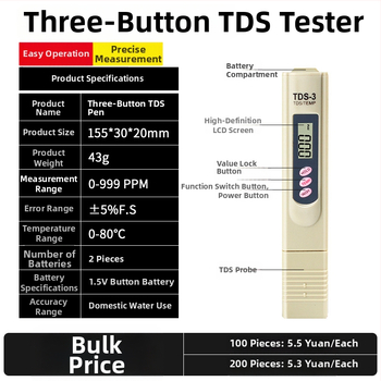 Pero za mjerenje kvalitete vode za vodovodnu vodu: TDS, pH, tvrdoća (ppm) i sadržaj minerala