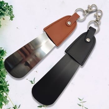 Shoehorn cu breloc și husă din piele, oțel inoxidabil, portabil și compact, stil minimalist modern