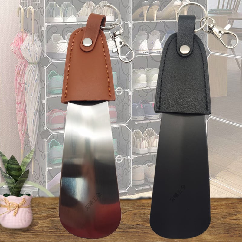 Shoehorn cu breloc și husă din piele, oțel inoxidabil, portabil și compact, stil minimalist modern
