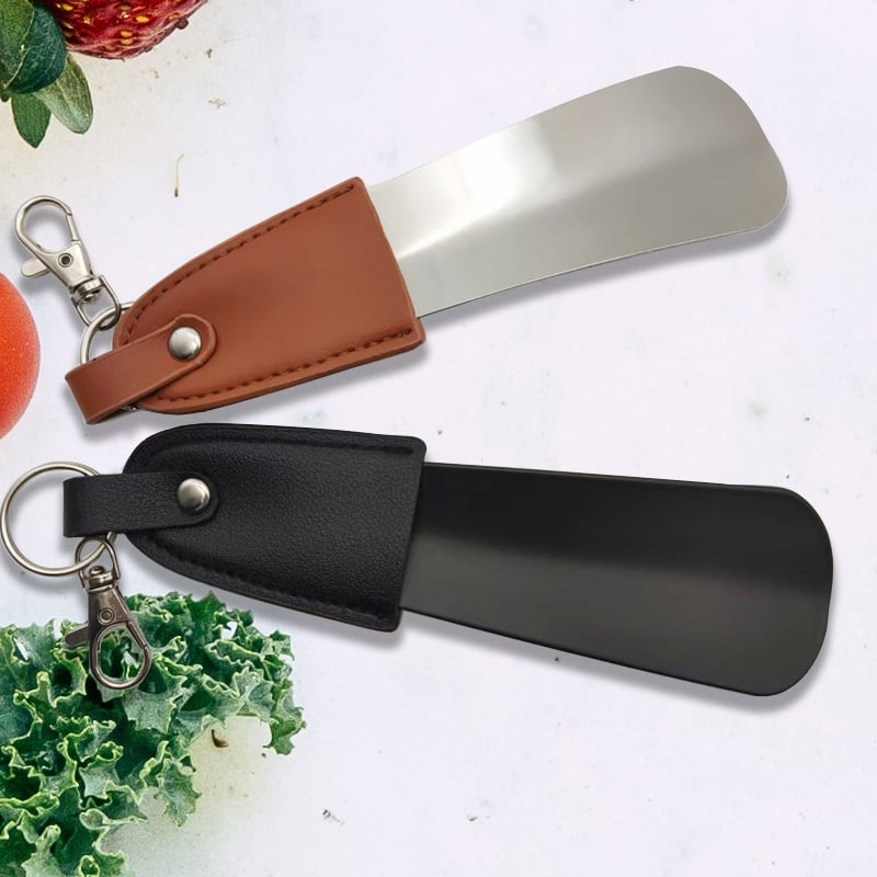 Shoehorn cu breloc și husă din piele, oțel inoxidabil, portabil și compact, stil minimalist modern