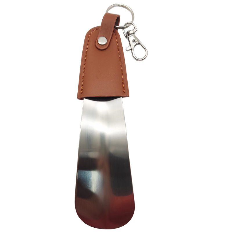 Shoehorn cu breloc și husă din piele, oțel inoxidabil, portabil și compact, stil minimalist modern
