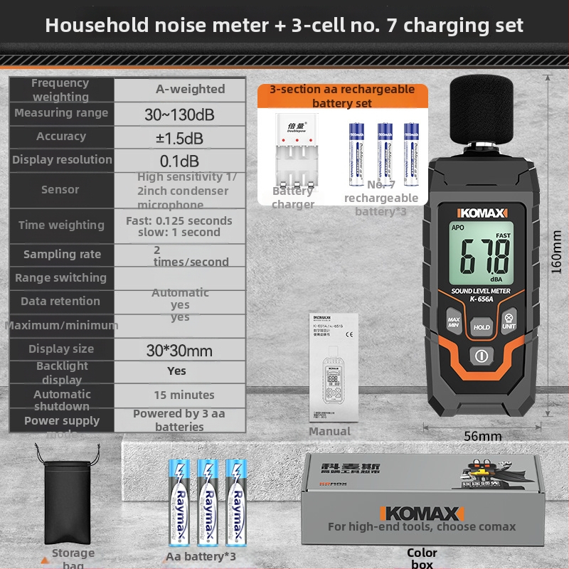 Comax цифров шумомер, ръчен измервател на звуково ниво, 30–130 dB, ±1.5 dB, резолюция 0.1 dB, модел Jykzyj1